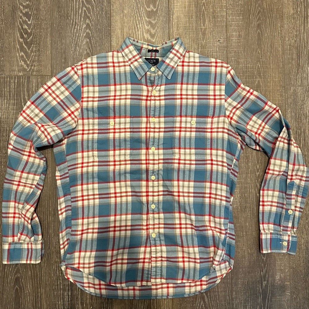 J. Crew blue, red & white flannel. Gently worn. Non-smoking, pet free home.